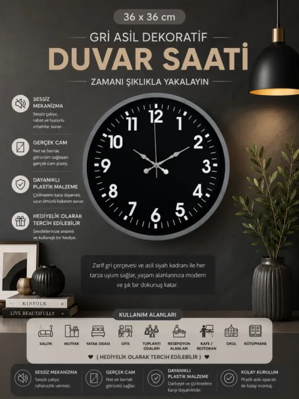 Gri Plastik Duvar Saati 36 cm · Model PP-3631K