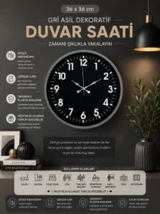 Gri Plastik Duvar Saati 36 cm · Model PP-3631K