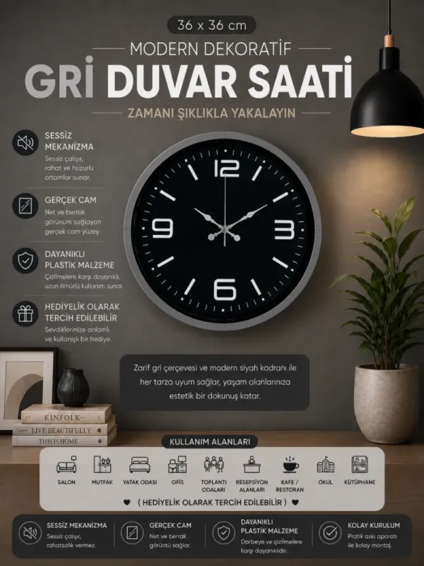 Gri Plastik Duvar Saati 36 cm · Model PP-3645K