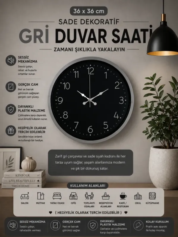 Gri Plastik Duvar Saati 36 cm · Model PP-3647K