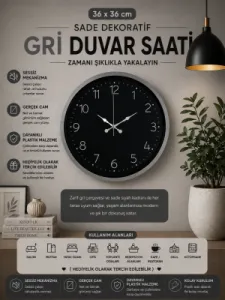 Gri Plastik Duvar Saati 36 cm · Model PP-3647K
