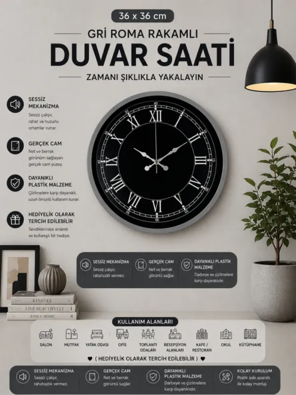 Roma Rakamlı Gri Plastik Duvar Saati 36 cm · Model PP-3651K