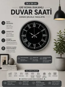 Roma Rakamlı Gri Plastik Duvar Saati 36 cm · Model PP-3651K