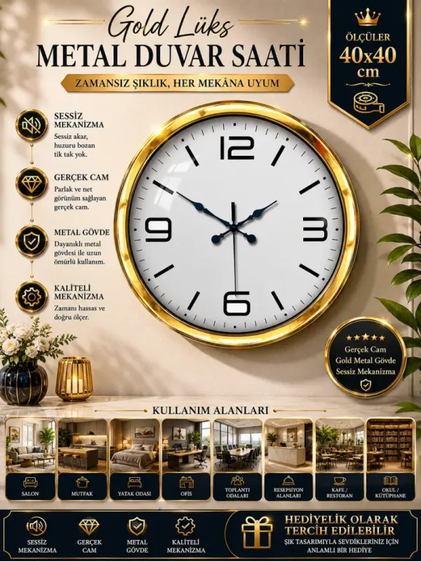 Gold Metal Duvar Saati 40 cm · Model 4008G