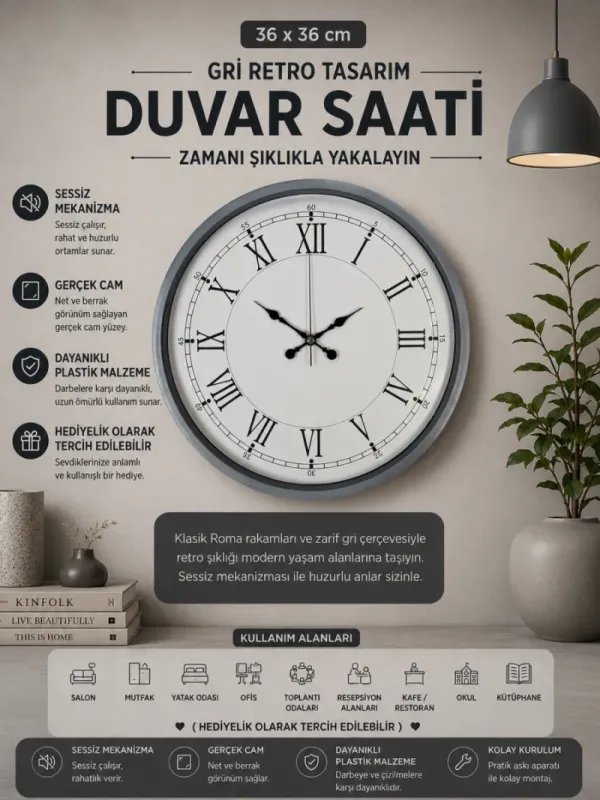 Roma Rakamlı Gri Plastik Duvar Saati 36 cm · Model PP-3655K