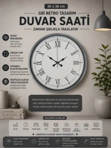Roma Rakamlı Gri Plastik Duvar Saati 36 cm · Model PP-3655K