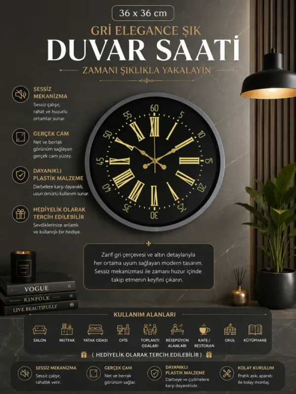 Gri Plastik Duvar Saati 36 cm · Model PP-3658K
