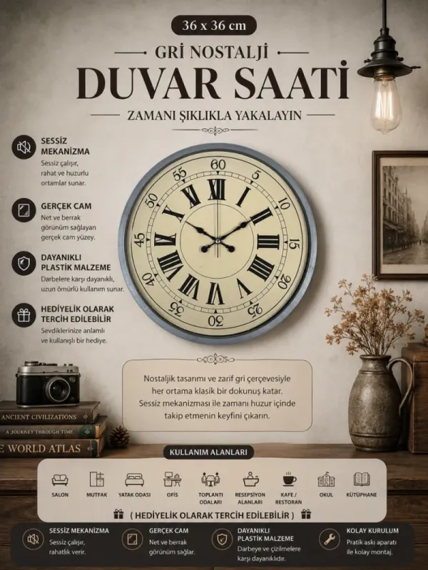 Gri Plastik Duvar Saati 36 cm · Model PP-3665K
