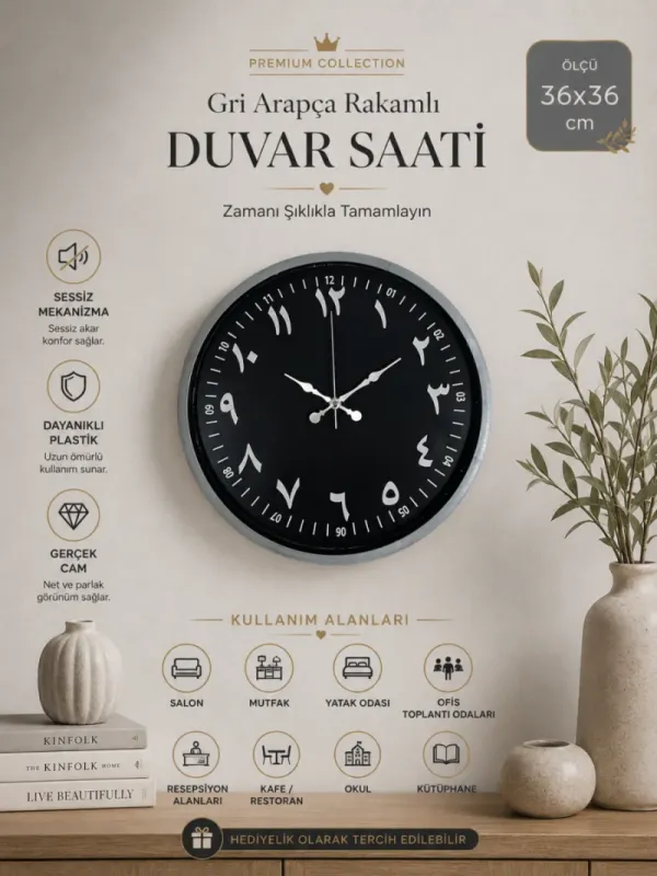 Gri Plastik Duvar Saati 36 cm · Model PP-3692K