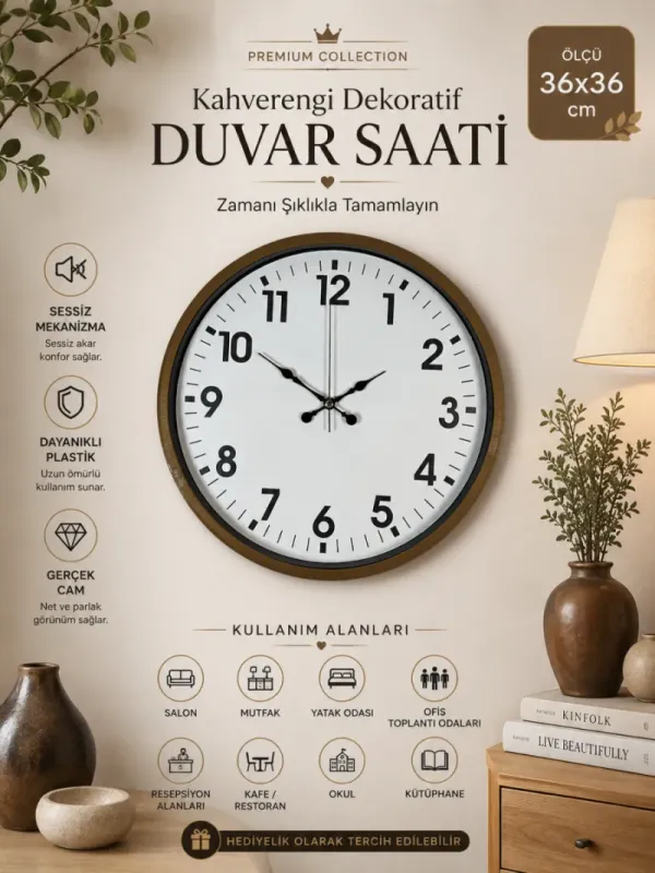 Kahverengi Plastik Duvar Saati 36 cm · Model PP-3601I