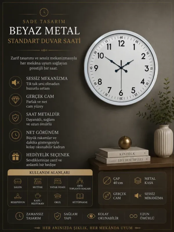 Beyaz Metal Duvar Saati 40 cm · Model 4005W