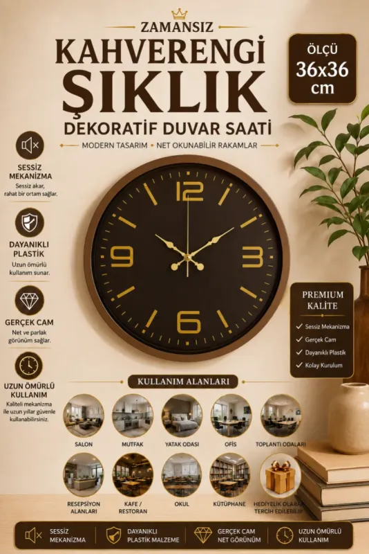 Kahverengi Plastik Duvar Saati 36 cm · Model PP-3644I