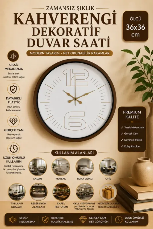 Kahverengi Plastik Duvar Saati 36 cm · Model PP-3648I