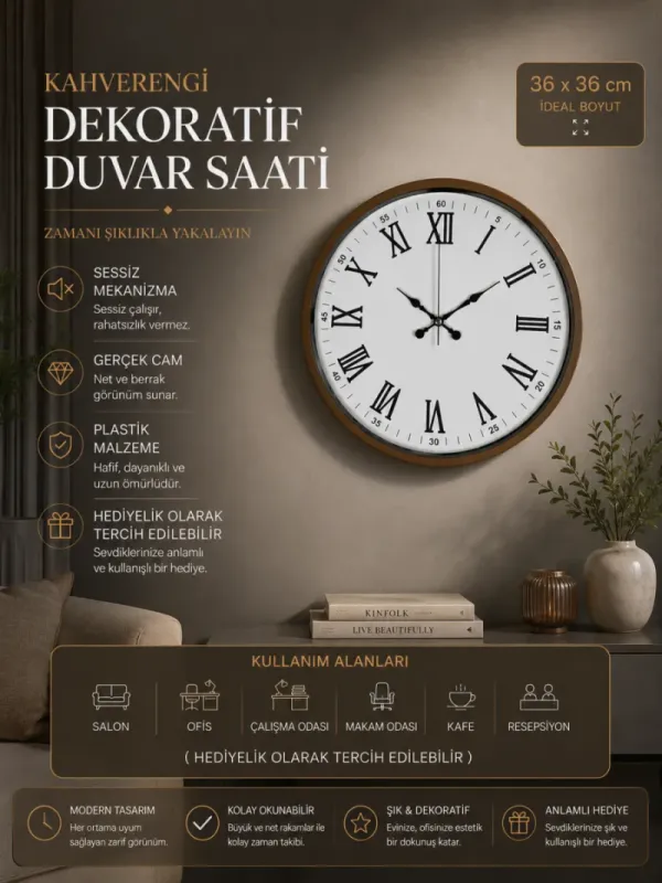 Roma Rakamlı Kahverengi Plastik Duvar Saati 36 cm · Model PP-3654I