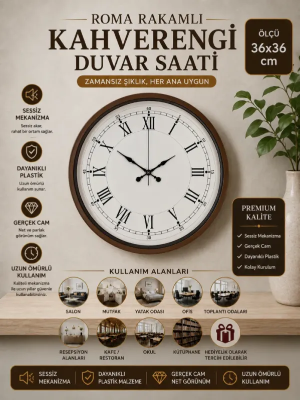 Roma Rakamlı Kahverengi Plastik Duvar Saati 36 cm · Model PP-3655I