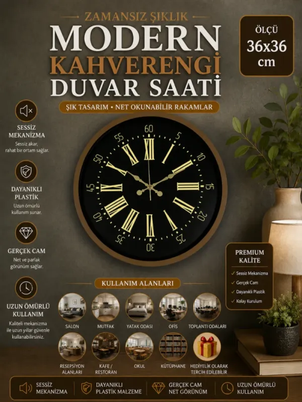 Kahverengi Plastik Duvar Saati 36 cm · Model PP-3658I
