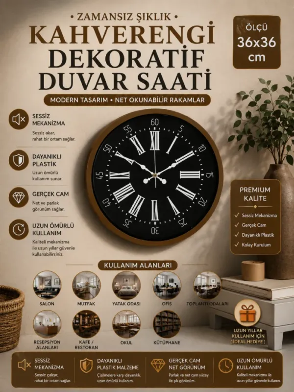 Kahverengi Plastik Duvar Saati 36 cm · Model PP-3659I