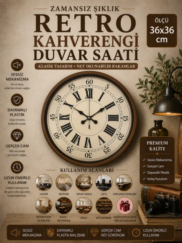 Retro Görünümlü Kahverengi Plastik Duvar Saati 36 cm · Model PP-3665I