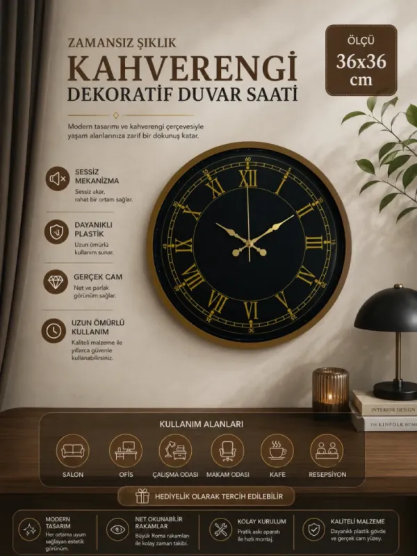 Roma Rakamlı Kahverengi Plastik Duvar Saati 36 cm · Model PP-3672I