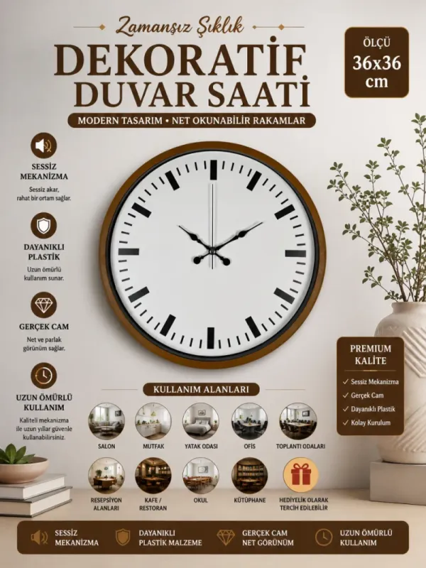 Kahverengi Plastik Duvar Saati 36 cm · Model PP-3689I
