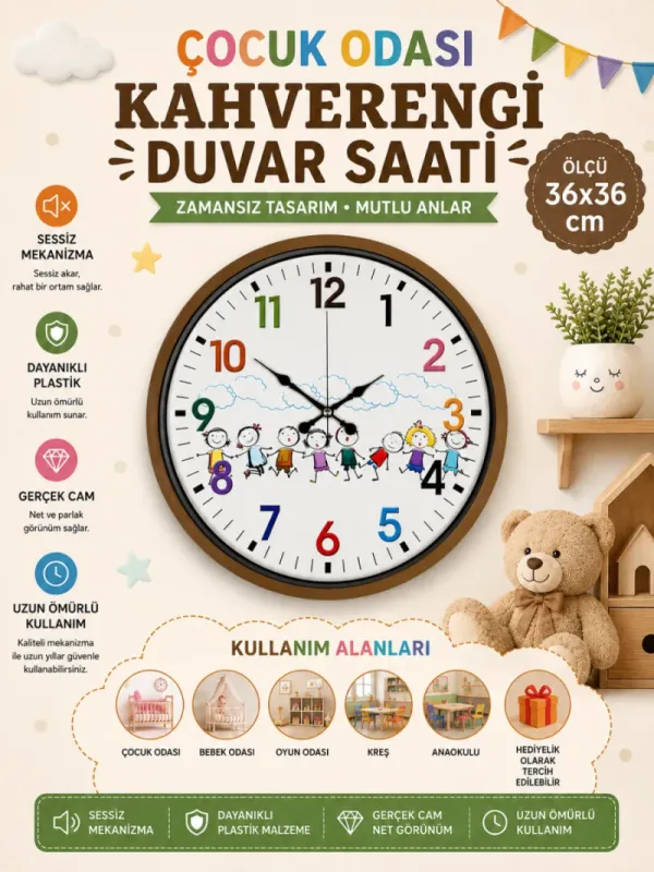 Çocuk Odası Kahverengi Plastik Duvar Saati 36 cm · Model PP-3693I