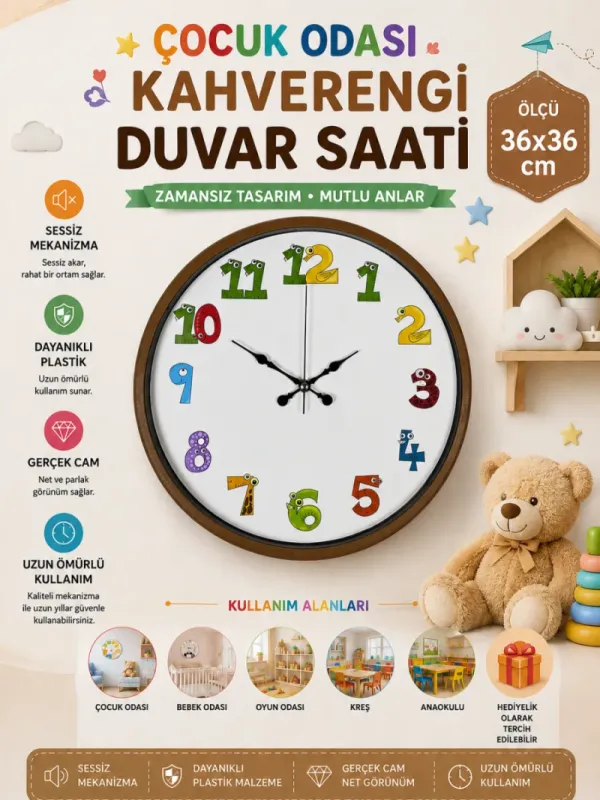 Çocuk Odası Kahverengi Plastik Duvar Saati 36 cm · Model PP-3694I