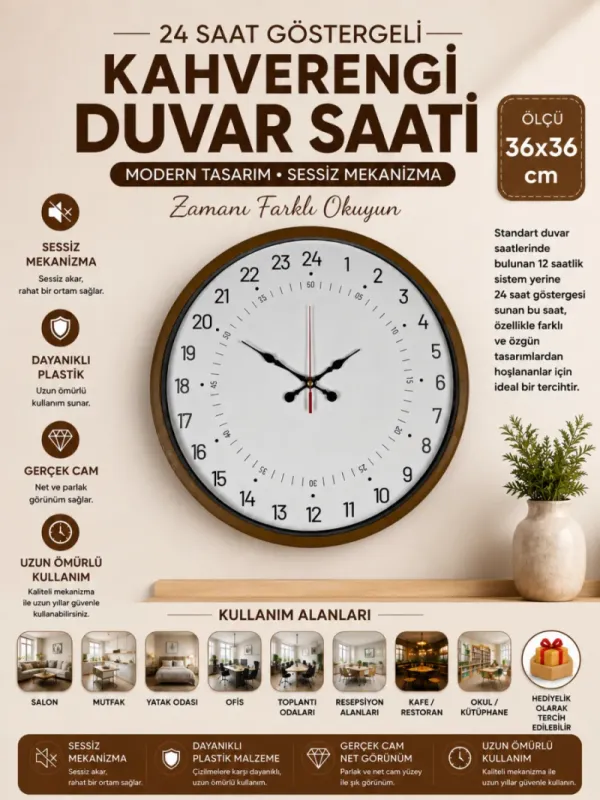 Göstergeli Kahverengi Plastik Duvar Saati 36 cm · Model PP-3697I