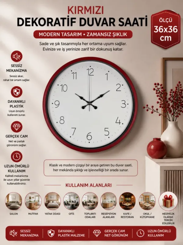 Kırmızı Plastik Duvar Saati 36 cm · Model PP-3604R
