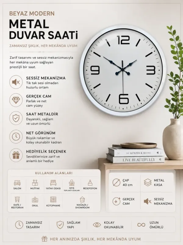 Beyaz Metal Duvar Saati 40 cm · Model 4008W