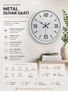 Beyaz Metal Duvar Saati 40 cm · Model 4008W