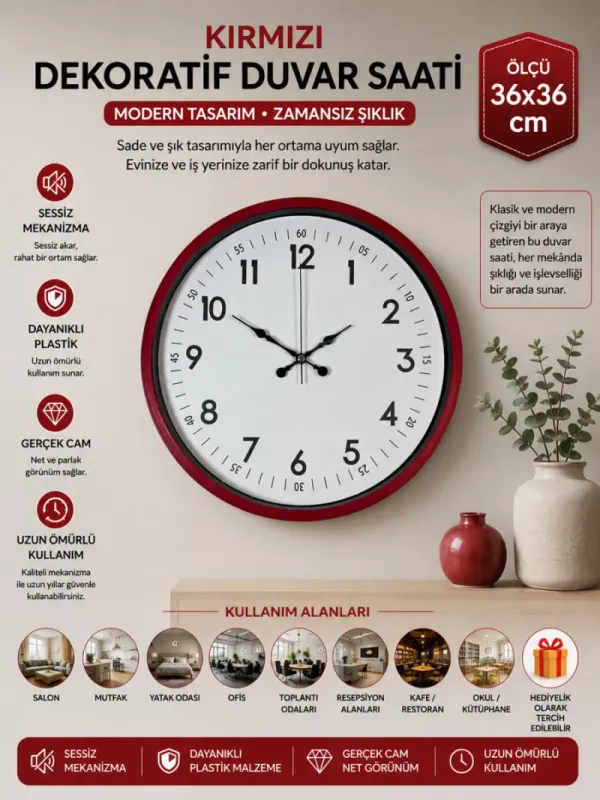 Kırmızı Plastik Duvar Saati 36 cm · Model PP-3605R