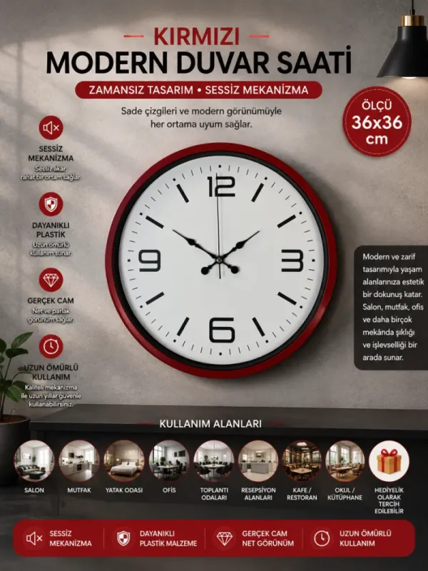 Kırmızı Plastik Duvar Saati 36 cm · Model PP-3608R