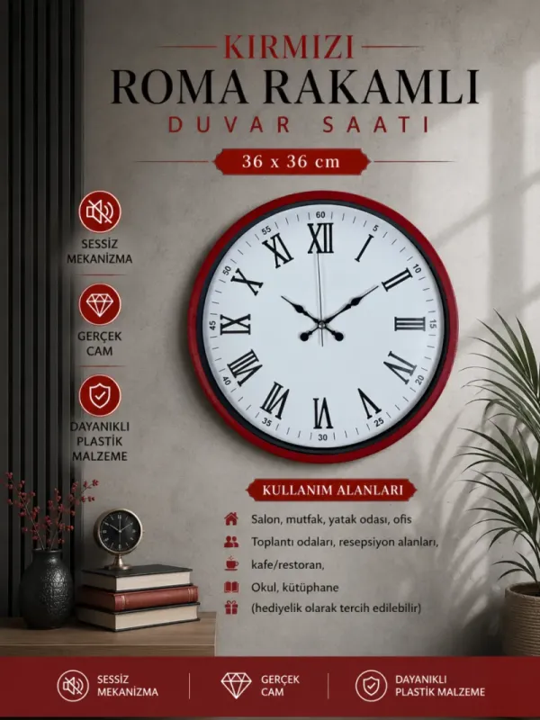Roma Rakamlı Kırmızı Plastik Duvar Saati 36 cm · Model PP-3654R