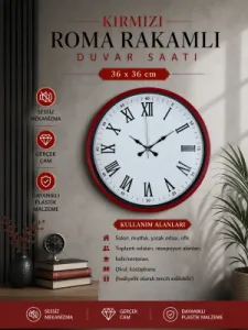 Roma Rakamlı Kırmızı Plastik Duvar Saati 36 cm · Model PP-3654R