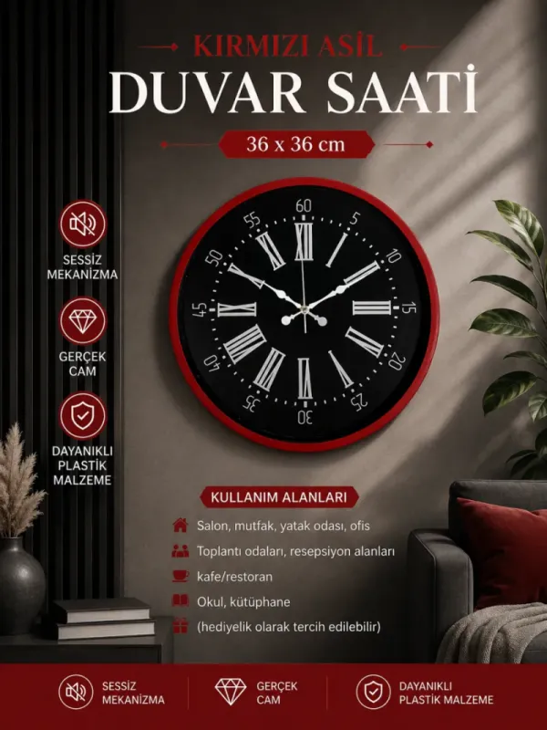 Kırmızı Plastik Duvar Saati 36 cm · Model PP-3659R