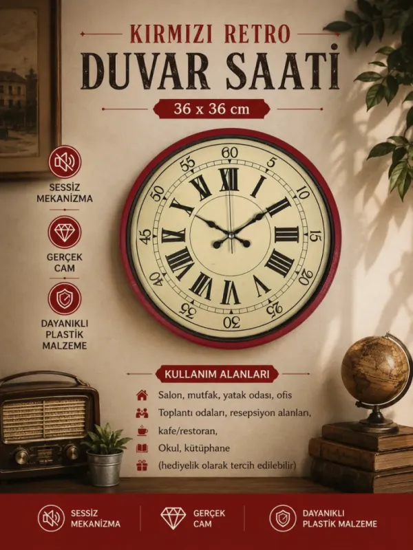 Retro Görünümlü Kırmızı Plastik Duvar Saati 36 cm · Model PP-3665R