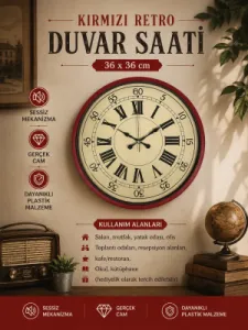 Retro Görünümlü Kırmızı Plastik Duvar Saati 36 cm · Model PP-3665R