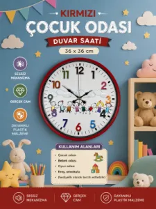 Çocuk Odası Kırmızı Plastik Duvar Saati 36 cm · Model PP-3693R