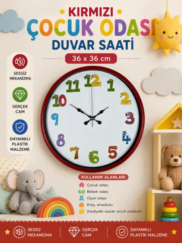 Çocuk Odası Kırmızı Plastik Duvar Saati 36 cm · Model PP-3694R