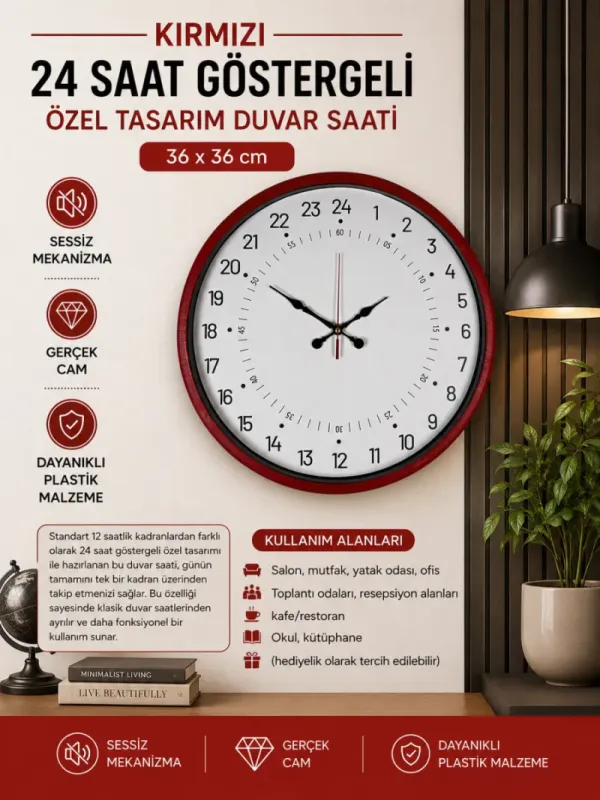 Göstergeli Kırmızı Plastik Duvar Saati 36 cm · Model PP-3697R