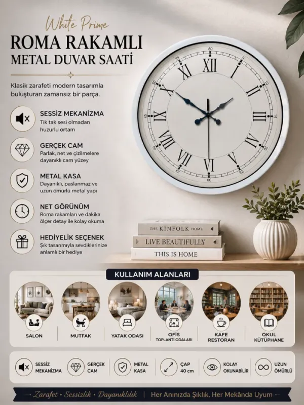 Retro Görünümlü Beyaz Metal Duvar Saati 40 cm · Model 4055W