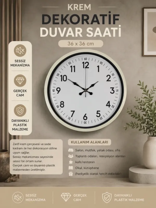 Krem Plastik Duvar Saati 36 cm · Model PP-3605X