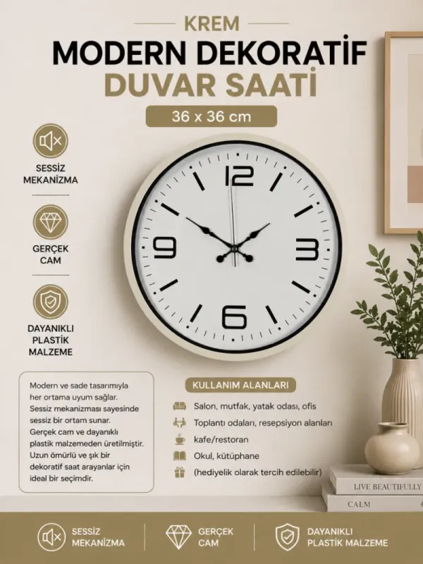 Krem Plastik Duvar Saati 36 cm · Model PP-3608X