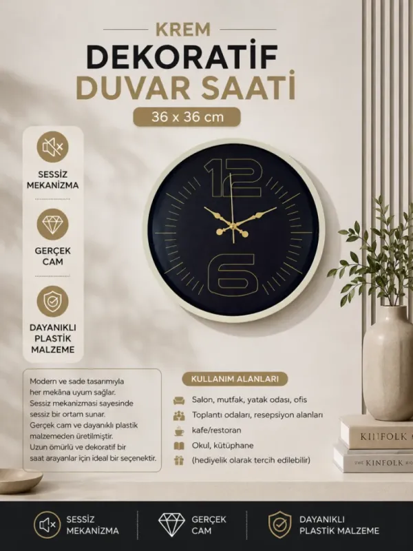 Roma Rakamlı Krem Plastik Duvar Saati 36 cm · Model PP-3612X