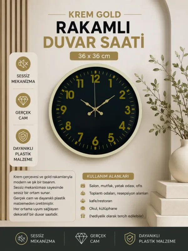 Krem Plastik Duvar Saati 36 cm · Model PP-3623X