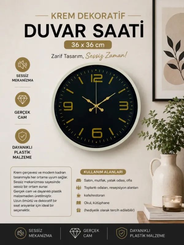 Krem Plastik Duvar Saati 36 cm · Model PP-3644X