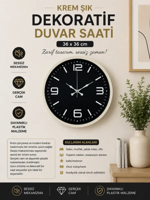 Krem Plastik Duvar Saati 36 cm · Model PP-3645X