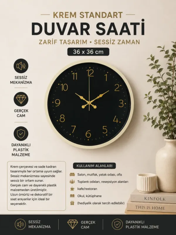 Krem Plastik Duvar Saati 36 cm · Model PP-3646X
