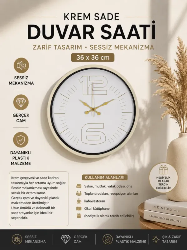 Krem Plastik Duvar Saati 36 cm · Model PP-3648X