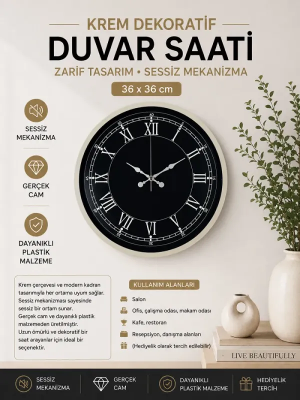 Roma Rakamlı Krem Plastik Duvar Saati 36 cm · Model PP-3651X
